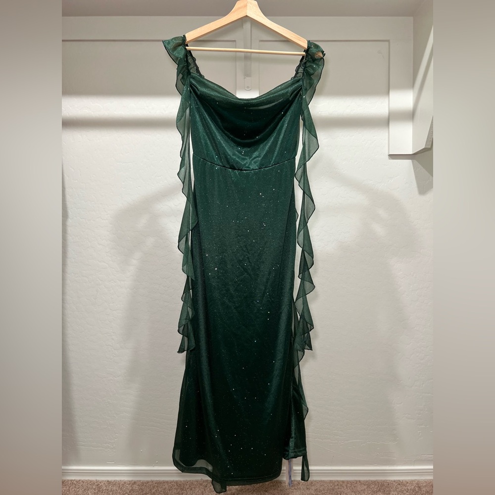 Cider Green Ruffled Cowl Neck Cocktail Gown